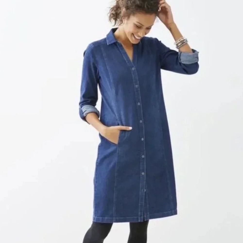 J. Jill Denim Shirt Dress Button Front Blue Dark Wash Roll Tab S Classic Utility